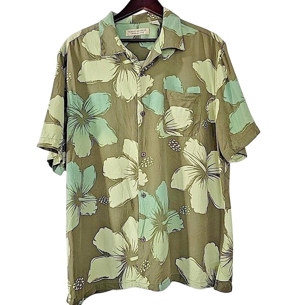 Island Republic Men's 2XL 100%‎ Silk Hawaiian Shirt Green Floral Button Up